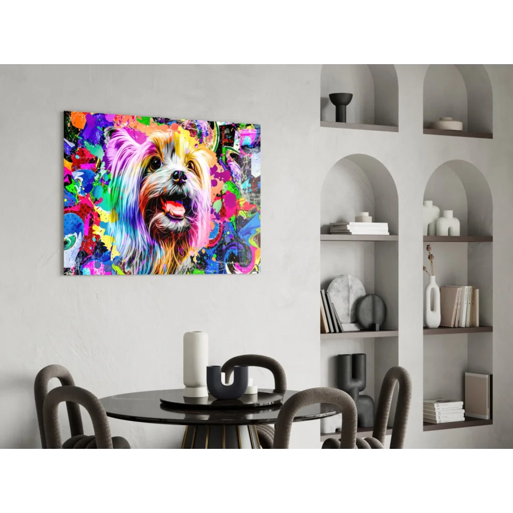 Psychedelic Yorkie pop art glass wall art with vibrant multicolored splatters