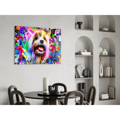 Psychedelic Yorkie pop art glass wall art with vibrant multicolored splatters