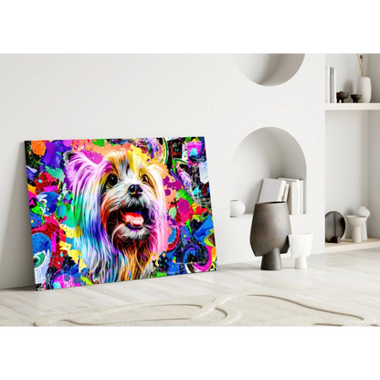 Psychedelic Yorkie pop art glass wall art with vibrant multicolored splashes