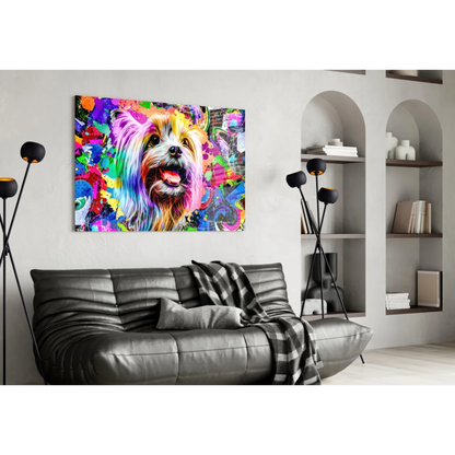Psychedelic Yorkie pop art glass wall art with vibrant paint splashes