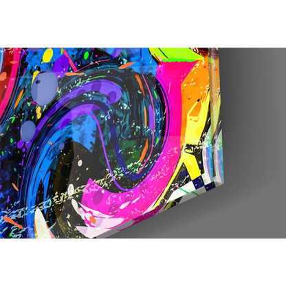 Psychedelic Yorkie Pop Art glass wall art with swirling neon splatters on black