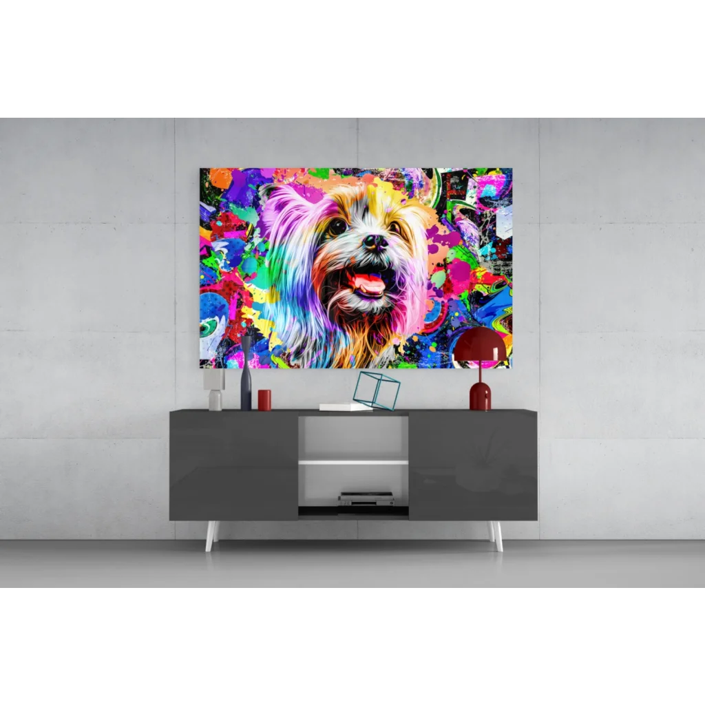 Psychedelic Yorkie pop art glass wall art with vibrant paint splashes
