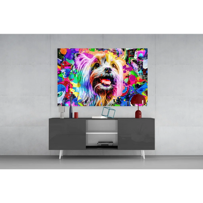 Psychedelic Yorkie pop art glass wall art with vibrant paint splashes