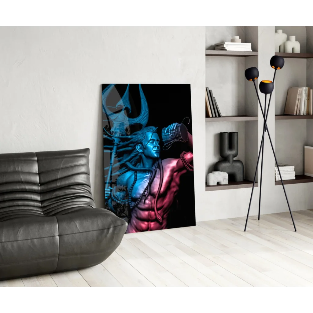 Vibrant Shiva trident glass wall art canvas print with muscular deity
