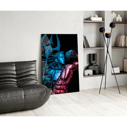 Vibrant Shiva trident glass wall art canvas print with muscular deity