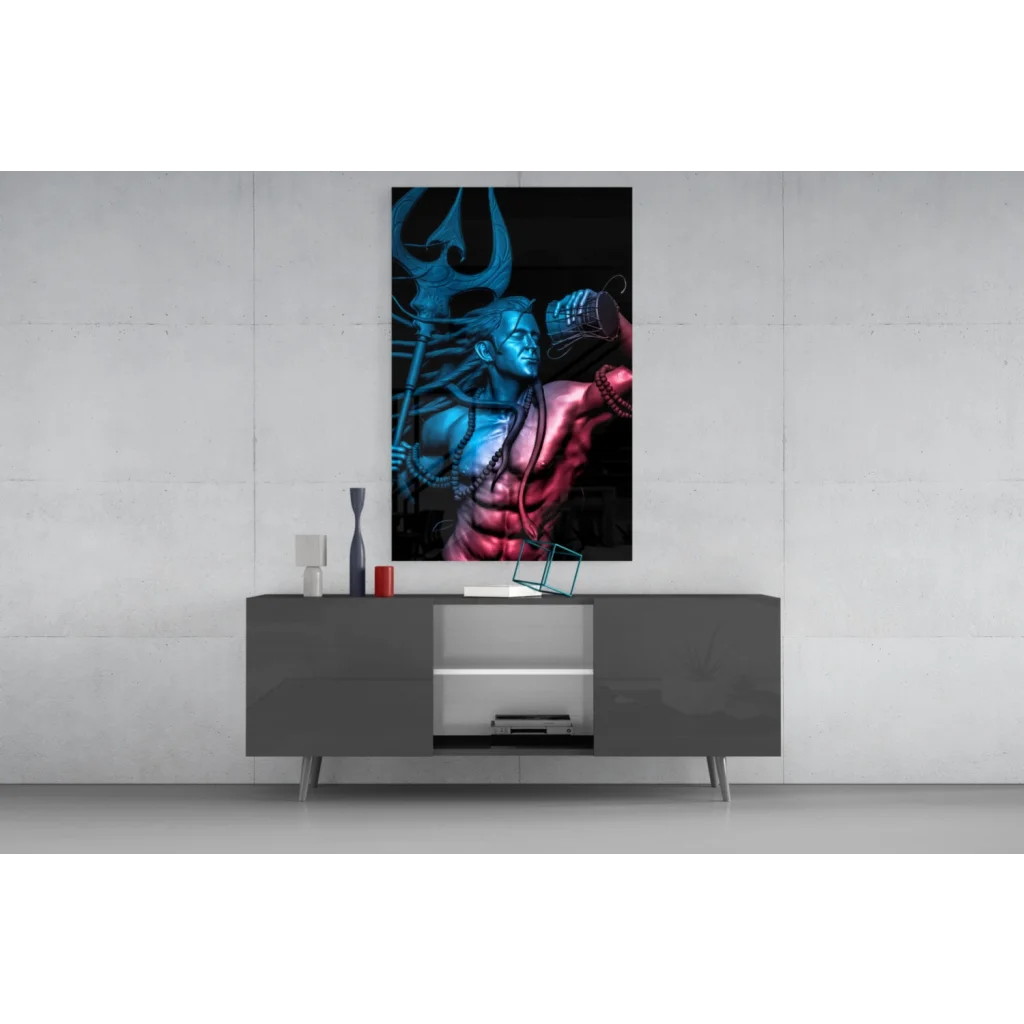 Vibrant neon-blue and pink Shiva trident glass wall art canvas print