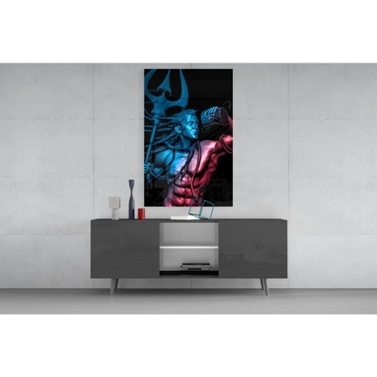 Vibrant neon-blue and pink Shiva trident glass wall art canvas print