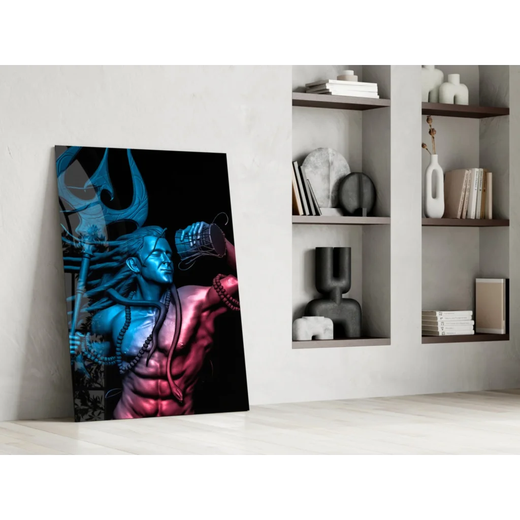 Vibrant Shiva trident glass wall art of muscular multi-armed deity in blue pink