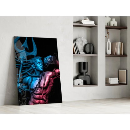 Vibrant Shiva trident glass wall art of muscular multi-armed deity in blue pink