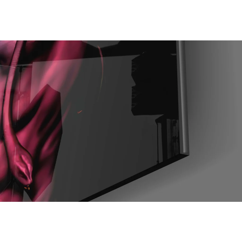 Sleek black TV with pink abstract art in Shiva Trident glass wall art print