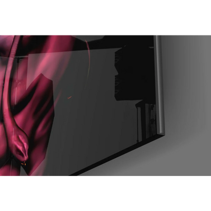 Sleek black TV with pink abstract art in Shiva Trident glass wall art print