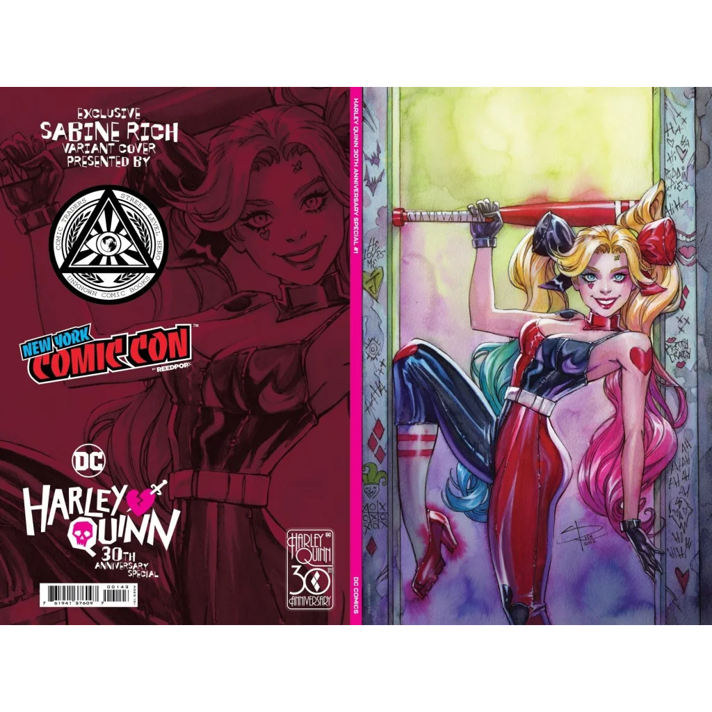 Two Harley Quinn comic book covers celebrating the 30th Anniversary Special