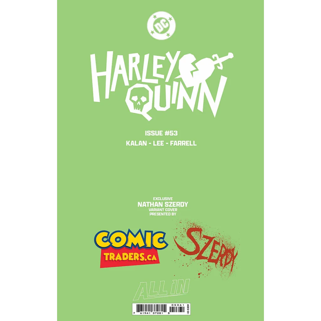 Harley Quinn comic book with green background and white lettering, Szerdy exclusive design