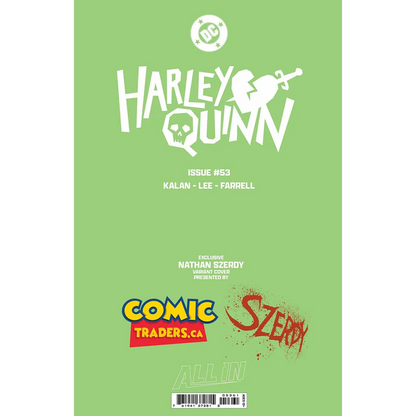 Harley Quinn comic book with green background and white lettering, Szerdy exclusive design