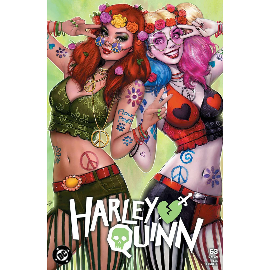 Harley Quinn and Poison Ivy in hippie style on Szerdy exclusive comic cover