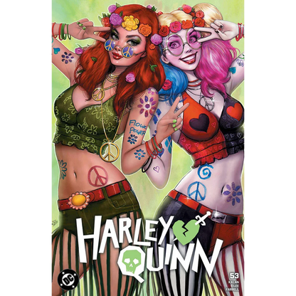 Harley Quinn and Poison Ivy in hippie style on Szerdy exclusive comic cover