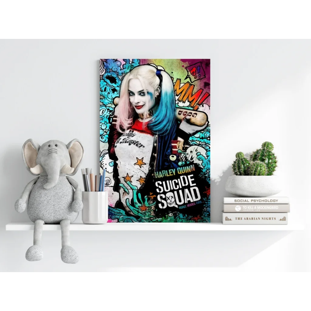 Vibrant Harley Quinn insigne aluminum print in comic style with graffiti background