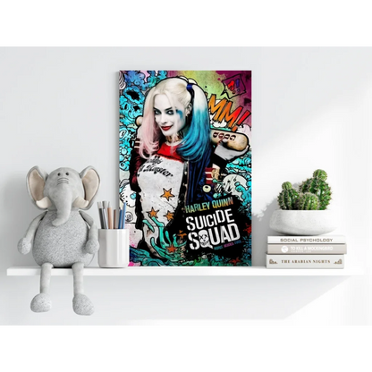 Vibrant Harley Quinn insigne aluminum print in comic style with graffiti background