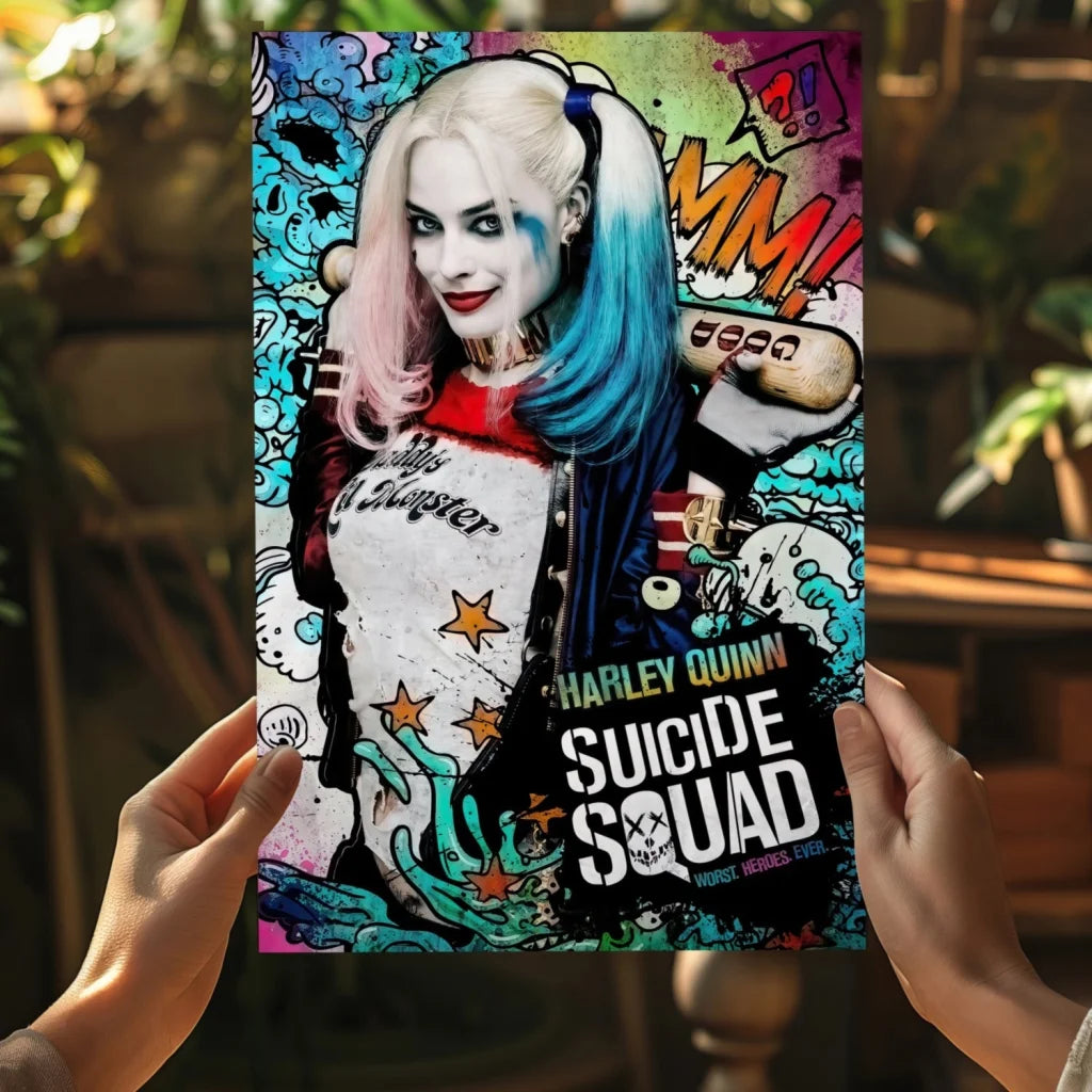 Vibrant Harley Quinn comic poster on insigne aluminum prints