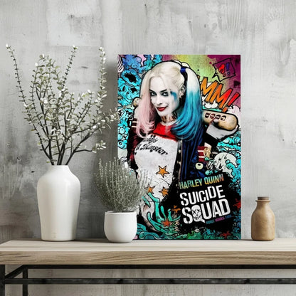 Vibrant Harley Quinn on insigne aluminum prints with colorful graffiti