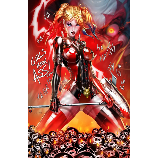 Harley Quinn in red black armored suit on brushed aluminum print