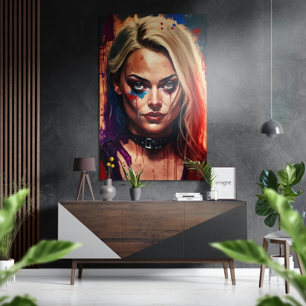 Vibrant abstract Harley Quinn portrait on brushed aluminium dibond print