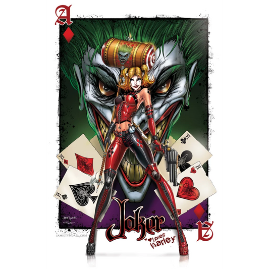 Harley Quinn in red black suit on brushed aluminum ace of diamonds print