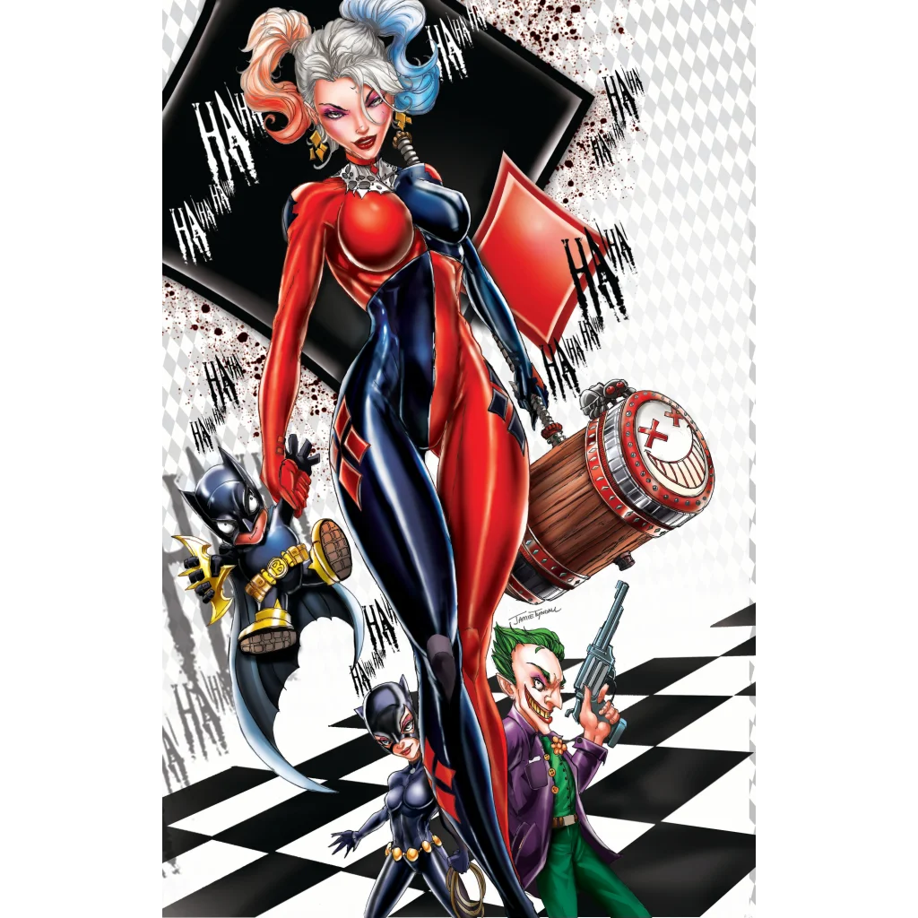 Harley Quinn brushed aluminum wall art print with red black suit and silver pigtails