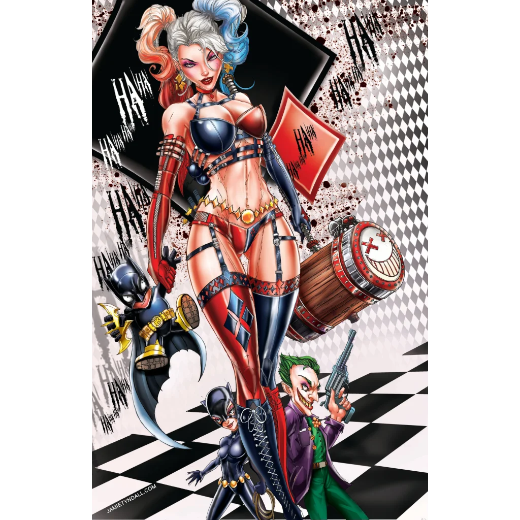 Harley Quinn in red black blue costume on brushed aluminum wall art