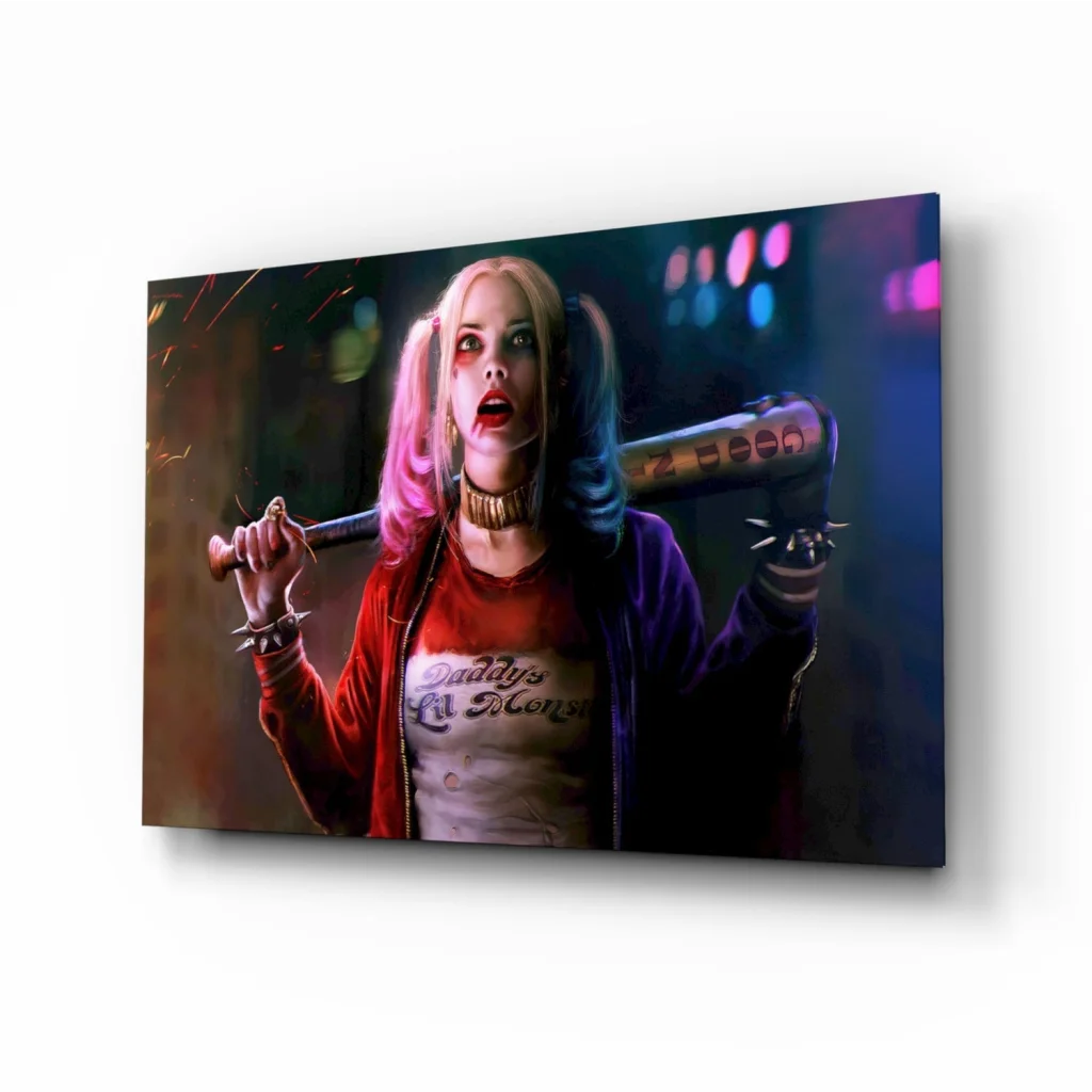 Harley Quinn canvas wall art with bat and pink blue pigtails