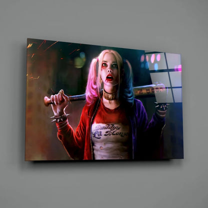 Harley Quinn canvas wall art with vibrant pigtails and bat