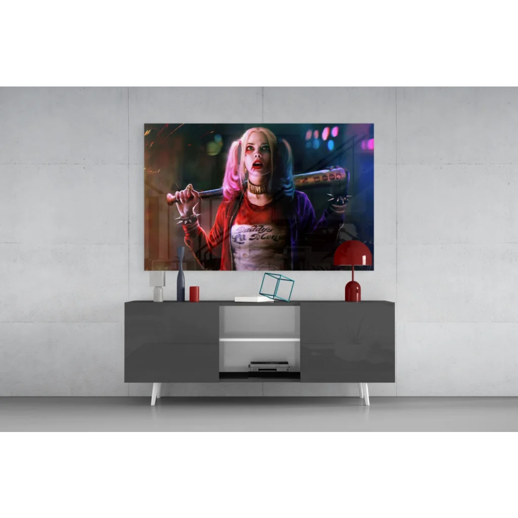 Harley Quinn canvas wall art with bat and pigtails