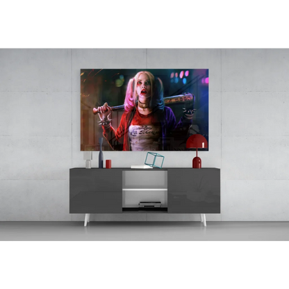 Harley Quinn canvas wall art with bat and pigtails