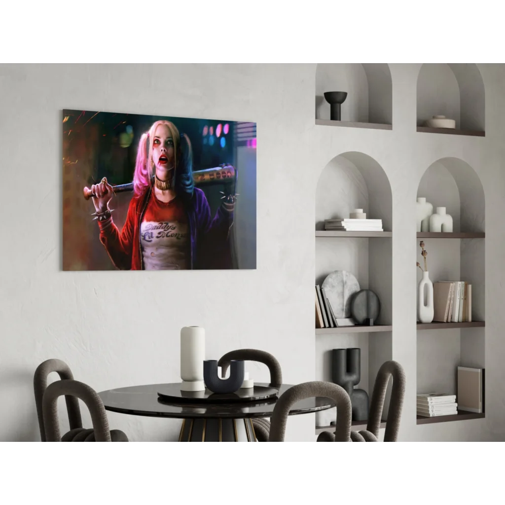 Harley Quinn wall art canvas print with bat and pigtails