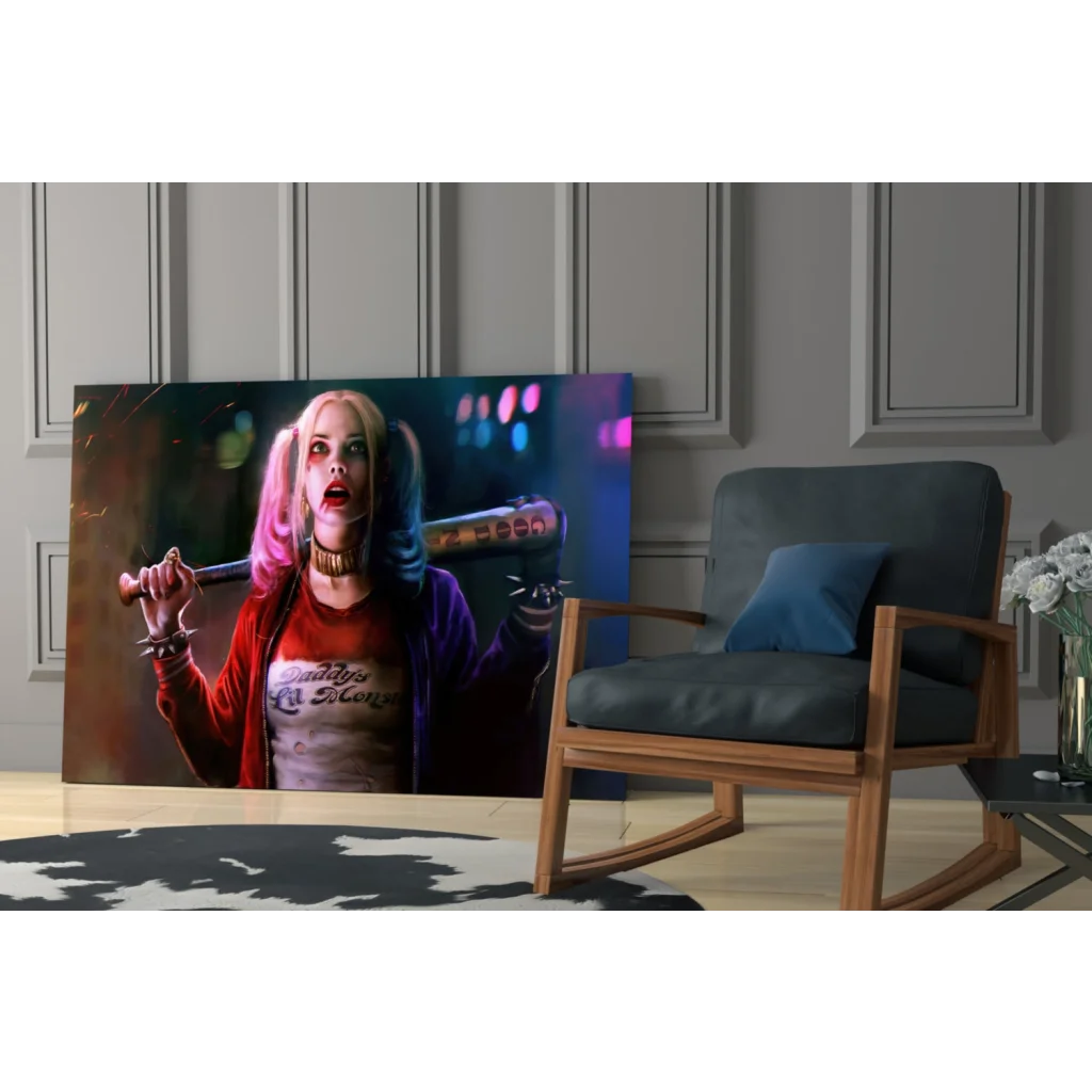 Harley Quinn wall art canvas print with bat, pigtails, neon city glow