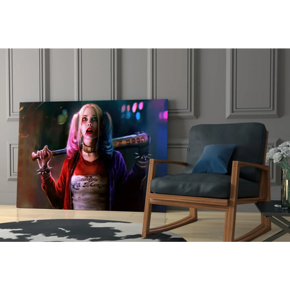 Harley Quinn wall art canvas print with bat, pigtails, neon city glow
