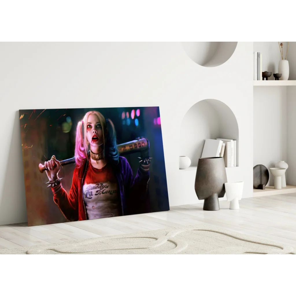 Harley Quinn canvas wall art with bat, pigtails, red jacket, purple hoodie