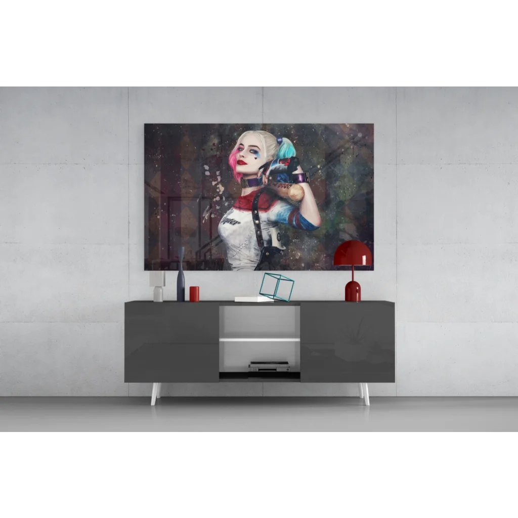 Vibrant Harley Quinn wall art canvas with pink and blue hair splash