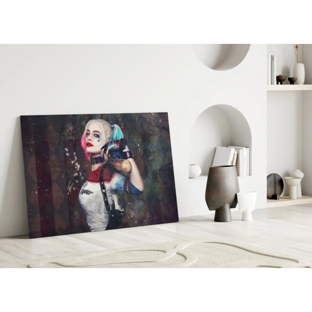 Vibrant Harley Quinn canvas wall art with pink and blue hair splash