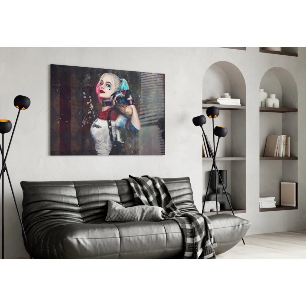 Vibrant Harley Quinn canvas wall art with pink and blue hair splash