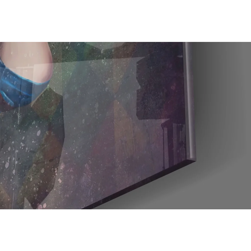 Stylized Harley Quinn wall art in blue swimwear on glass wall