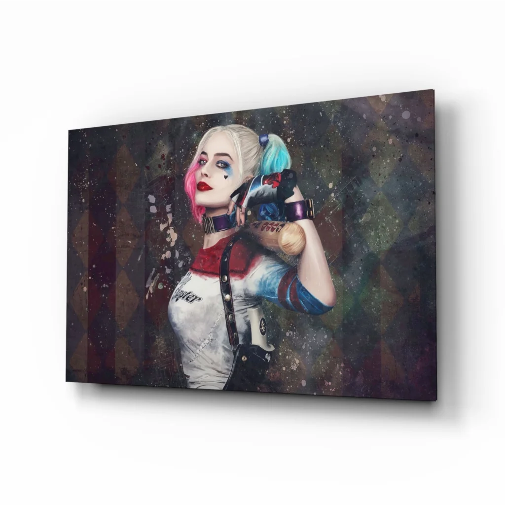 Harley Quinn canvas wall art with pink blue hair splash and paint effects