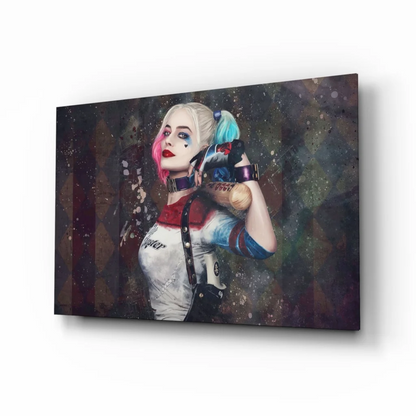 Harley Quinn canvas wall art with pink blue hair splash and paint effects