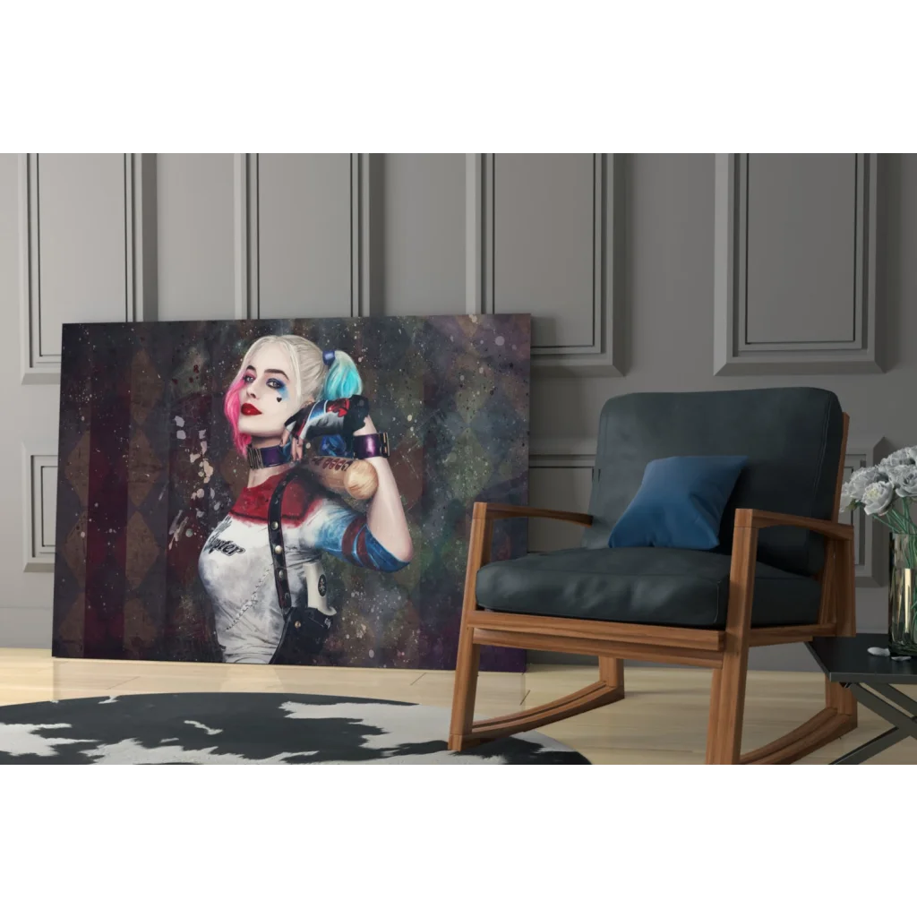 Vibrant Harley Quinn canvas wall art with pink and blue hair splash