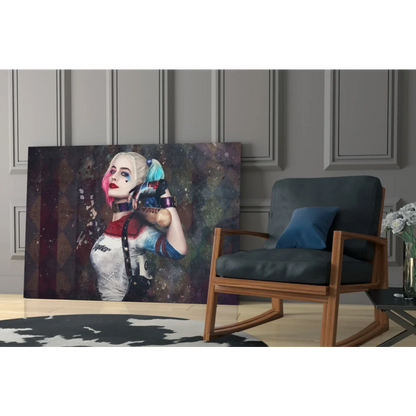 Vibrant Harley Quinn canvas wall art with pink and blue hair splash