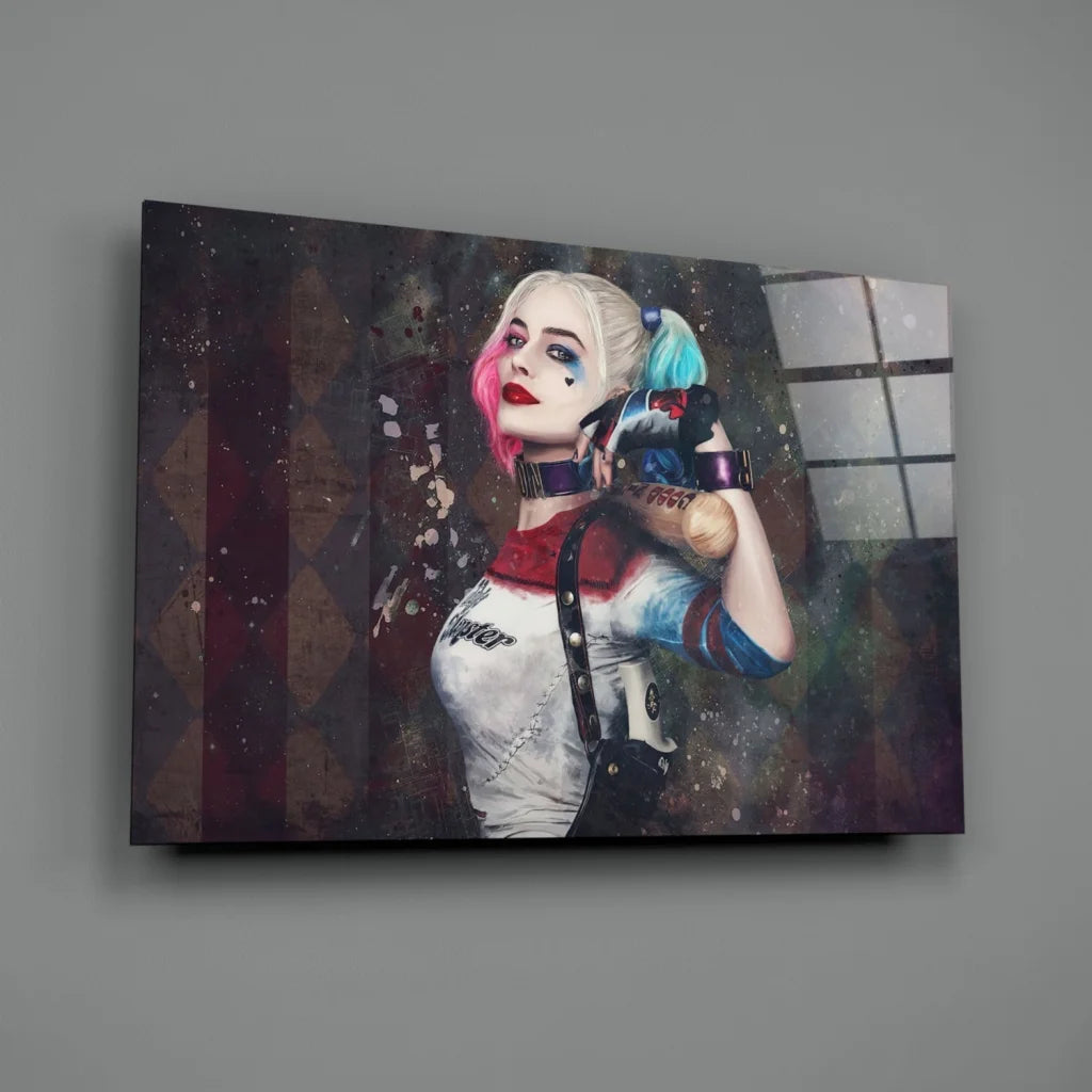 Harley Quinn canvas wall art with pink and blue hair splash
