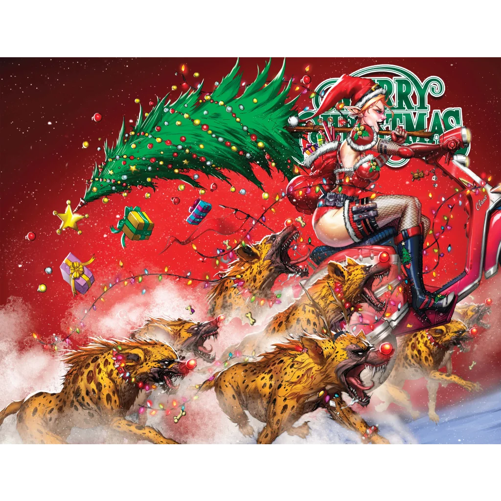 Harley Quinn in santa outfit rides red moped through christmas madness scene