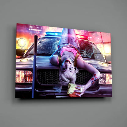 Harley Quinn Neon Police Car Shattered Glass Wall Art Canvas Print | Glass Wall Art Print | vintageantiquesgifts.com