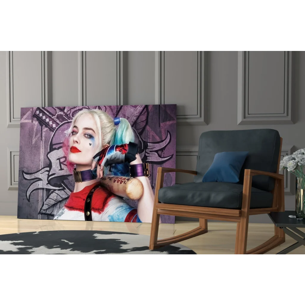 Vibrant Harley Quinn graffiti wall art canvas print with blonde teal hair