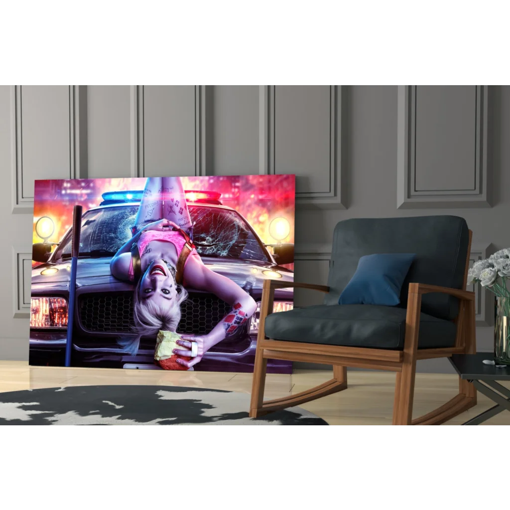 Harley Quinn neon police car shattered glass wall art canvas print